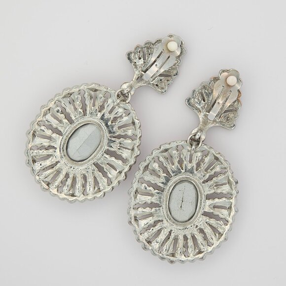 Clip On Statement Crystal Drop Earrings Oval Clear Rhinestone Silver Tone Glam - Picture 3 of 7
